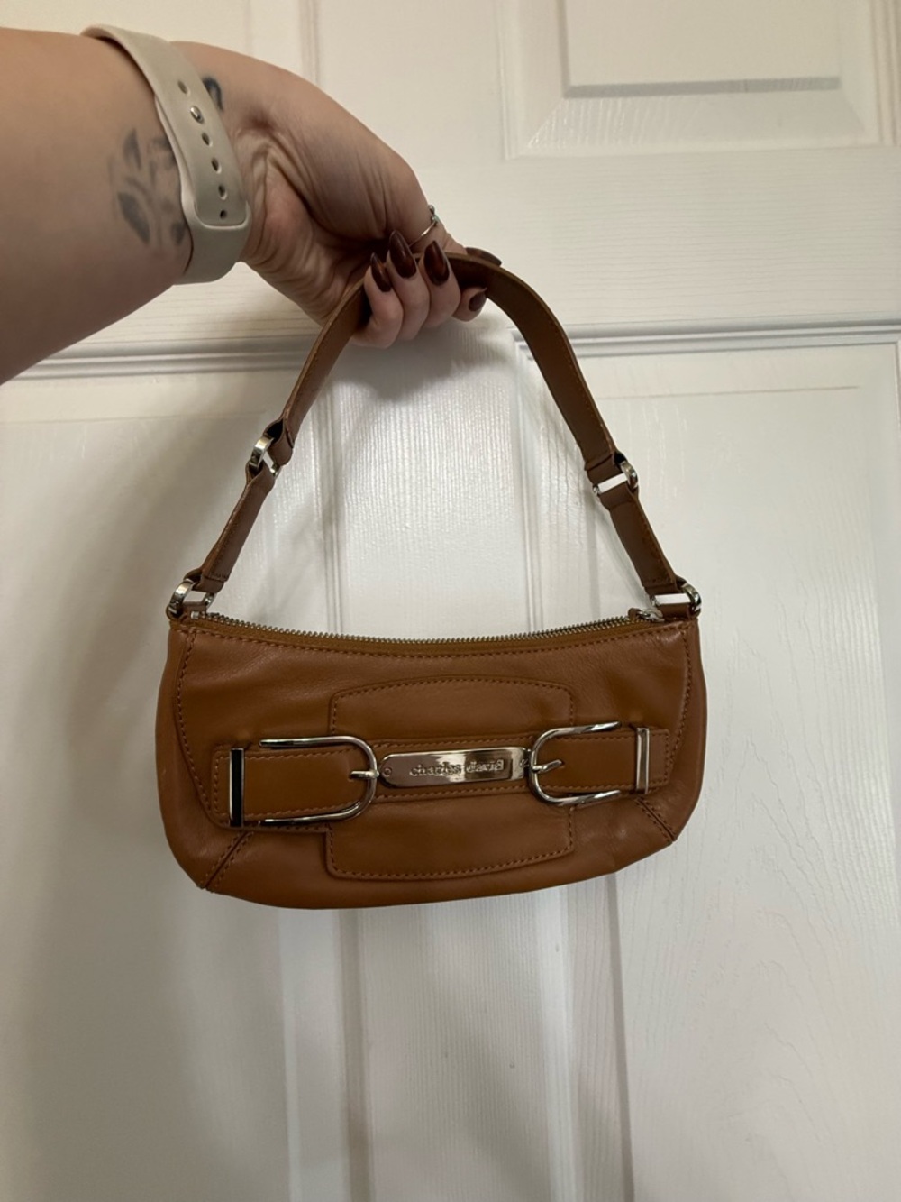 Charles David Brown Leather Mini Shoulder Bag with Silver Hardware